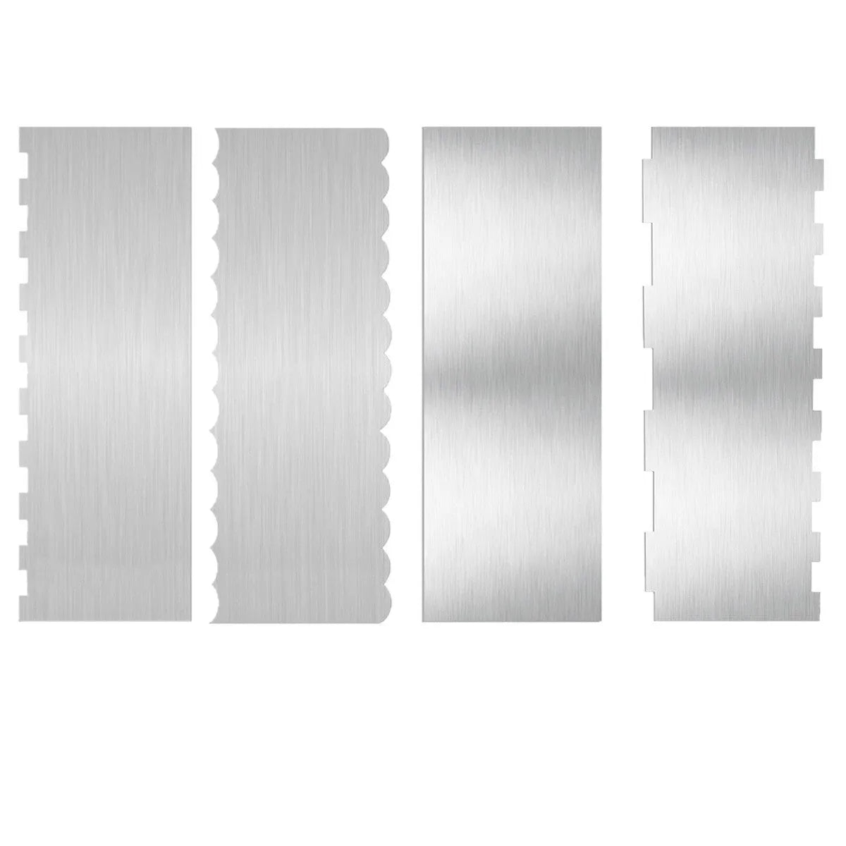Stainless steel cake decorating scraper with a polygon-patterned edge for smoothing buttercream
