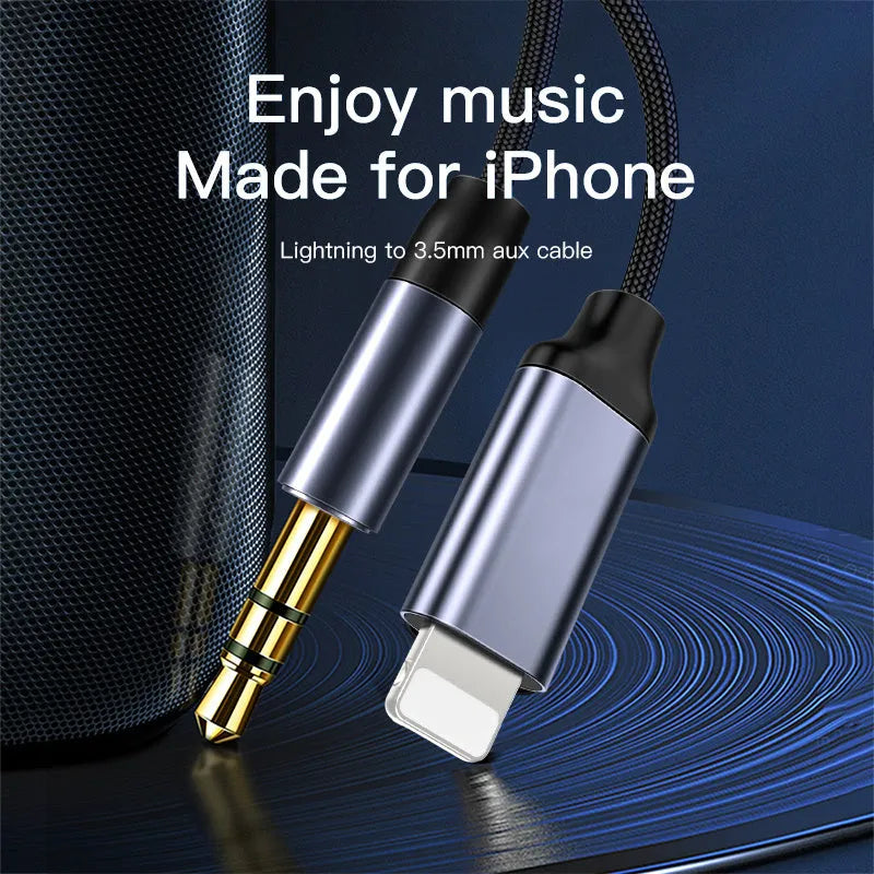 Silver nylon braided audio cable with 3.5mm connectors for car adapter use