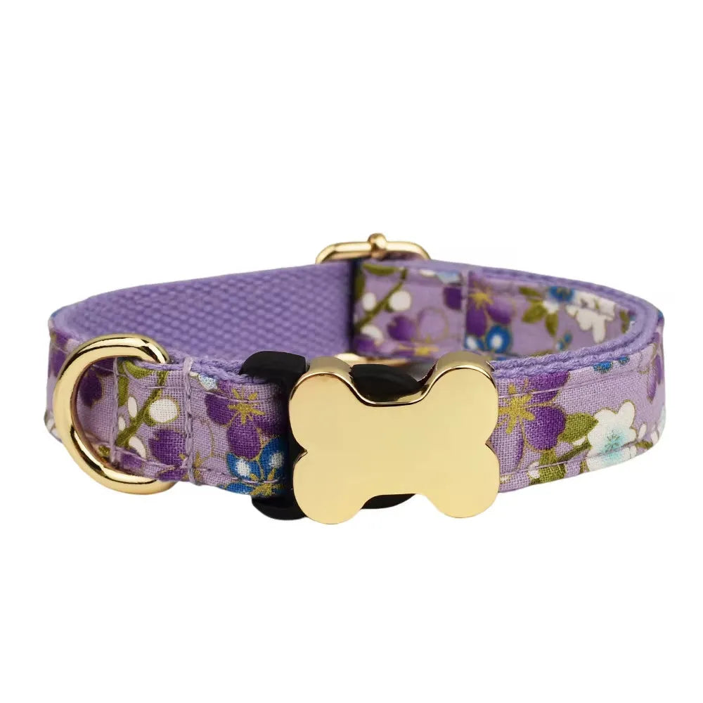Nylon dog collar with printed grid pattern and bone-shaped buckle in multiple colour options