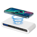 White desktop wireless charging pad with built-in 8-colour LED atmosphere lamp and included fast-charging cable.