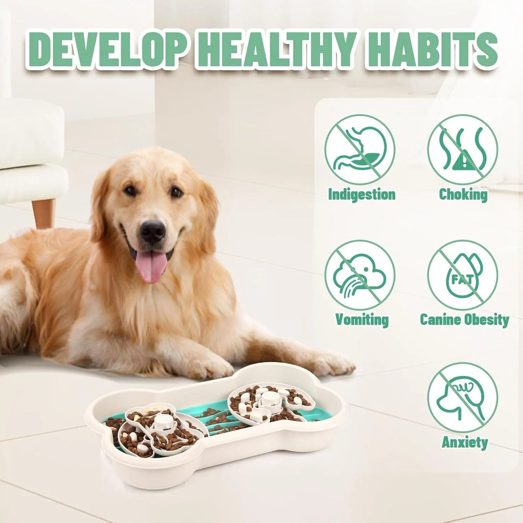 Large green three-tier slow feeder dog bowl with puzzle patterns and suction cup base