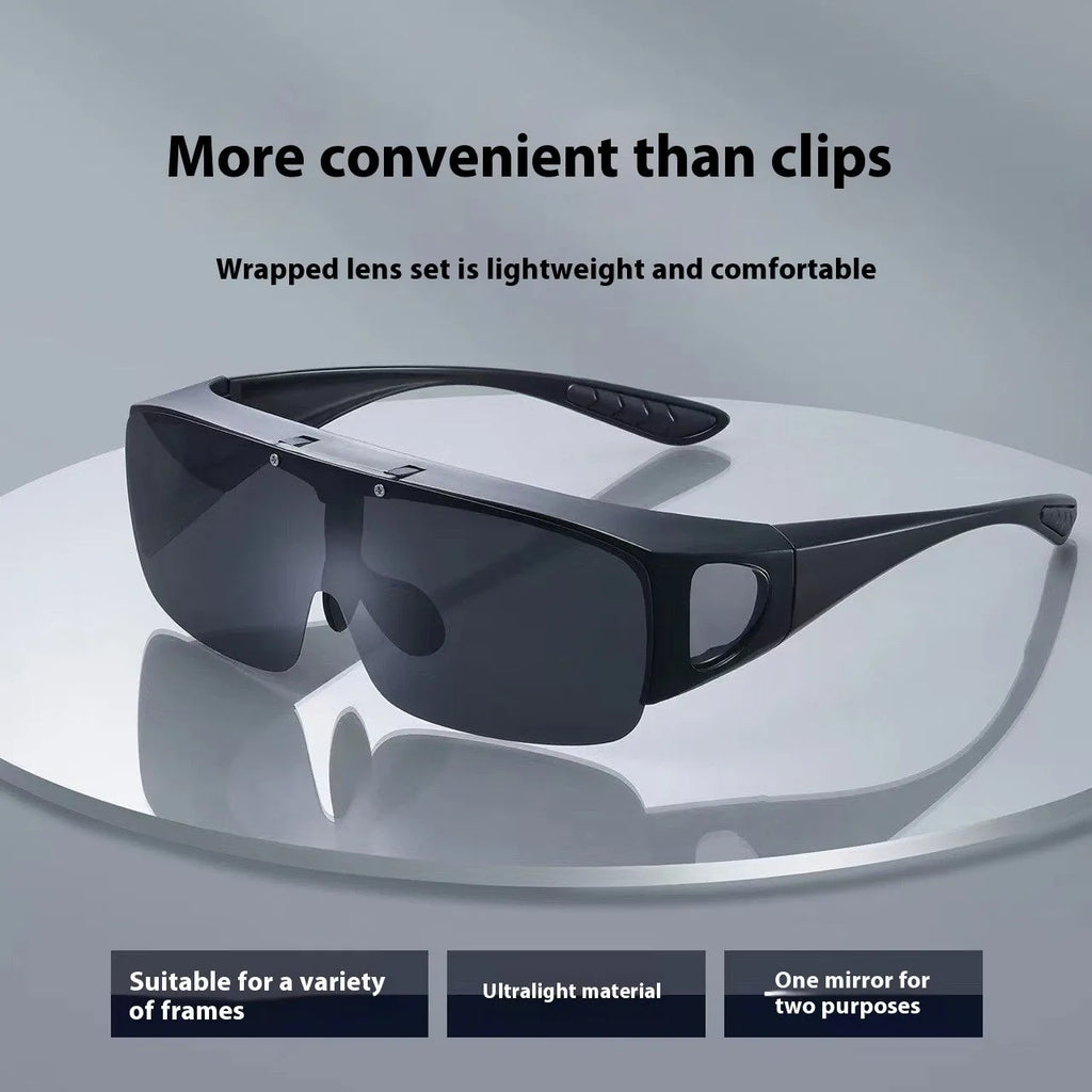 A pair of polarised sunglasses for myopia with one-piece lenses, shown in a colour option like black or green.