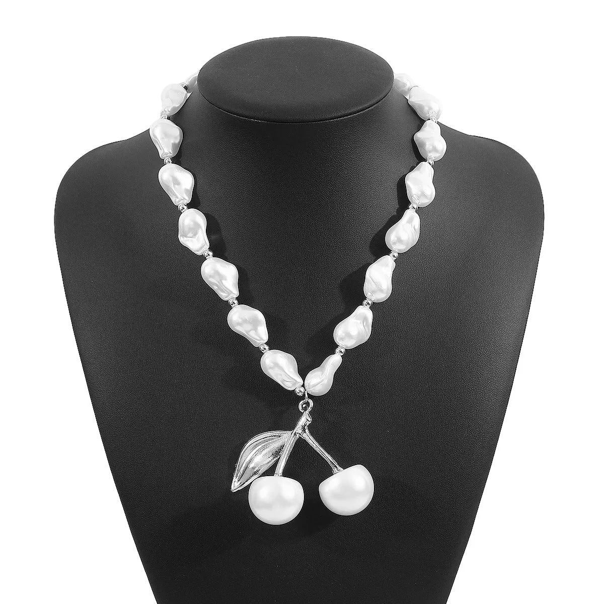Women's adjustable cherry fruit necklace with pearl chain in gold or white K finish
