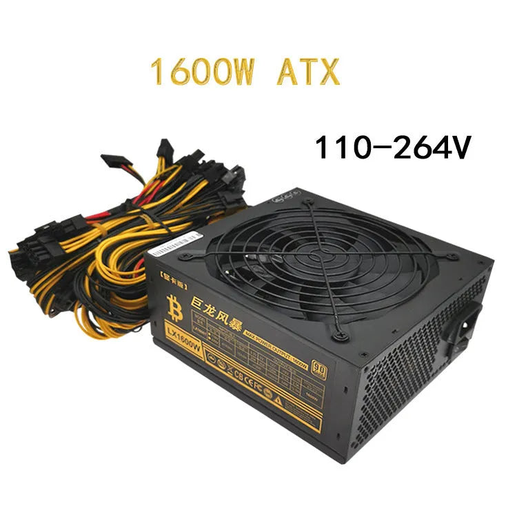 Black server power supply unit with 110V input, multiple GPU power connectors, and a 4+4 CPU pin.