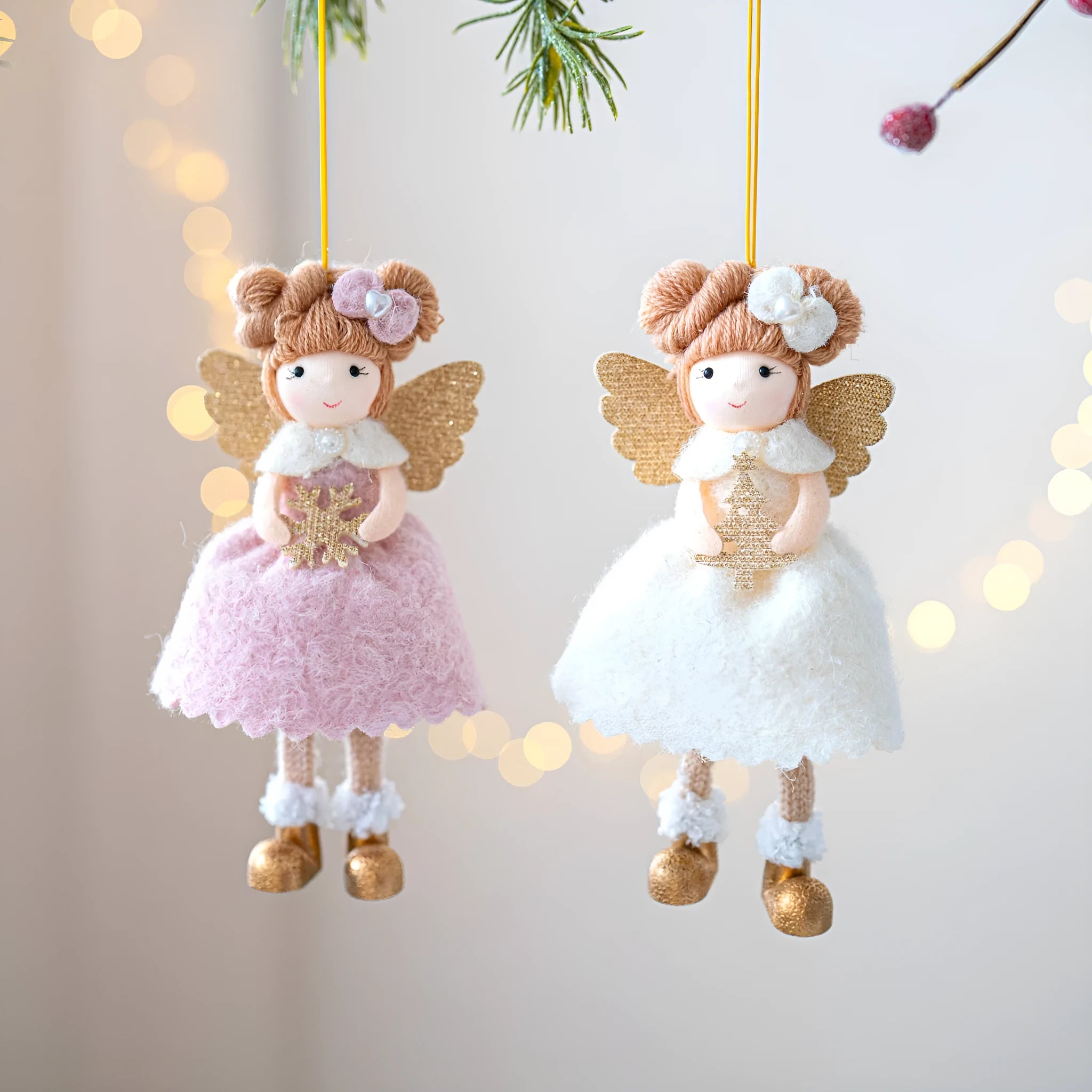Christmas angel wings plush pendant in pink and white cloth fabric