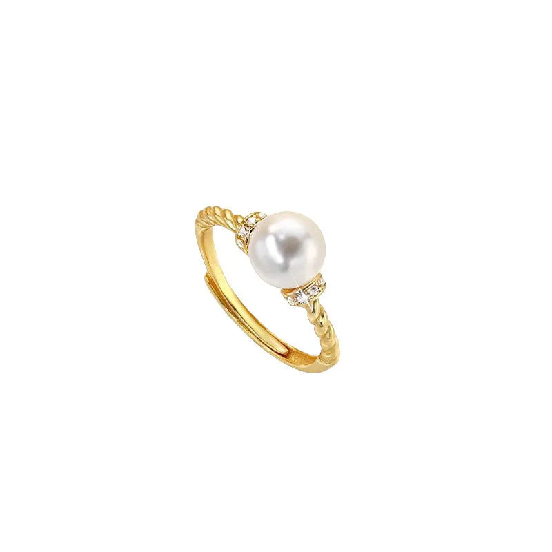 Adjustable antique twist pearl ring in copper with geometry shape, gold or silver colour option