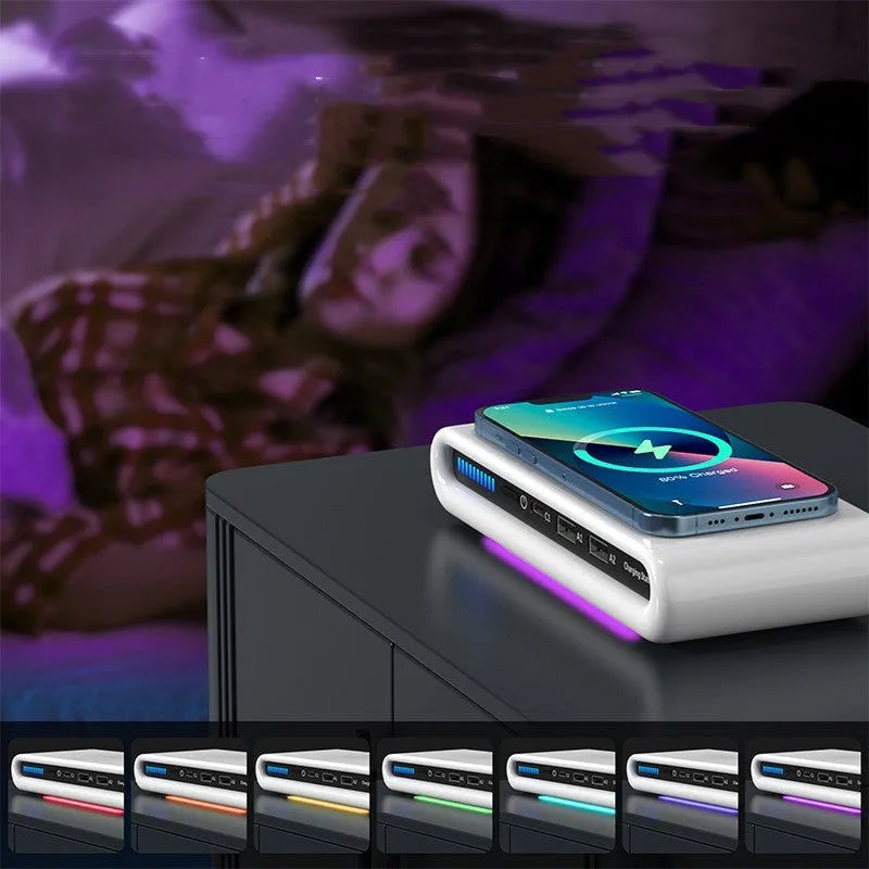 White desktop wireless charging pad with built-in 8-colour LED atmosphere lamp and included fast-charging cable.