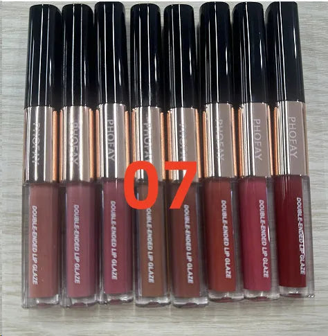 C-L021 double-head non-stick cup lip gloss pen showing two applicator tips and eight colour options