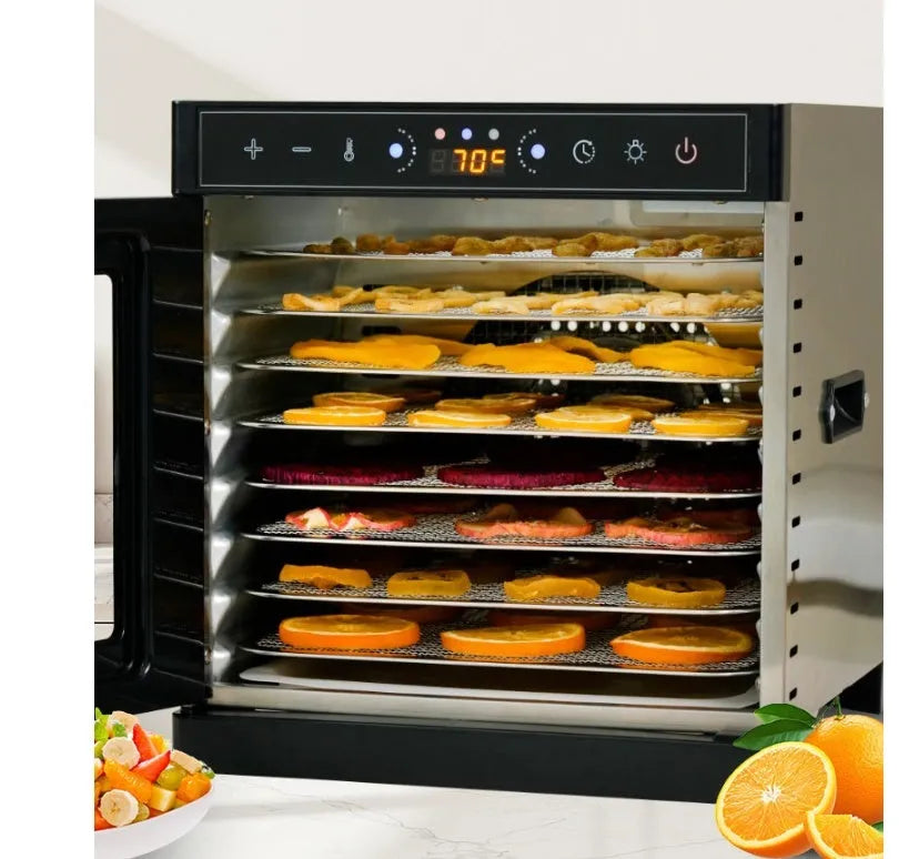 Stainless steel fruit dehydrator with visual skylight window and LED control panel