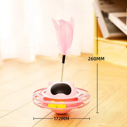 Pink cat stick toy with self-hi tumbler turntable measuring 17 cm by 10 cm