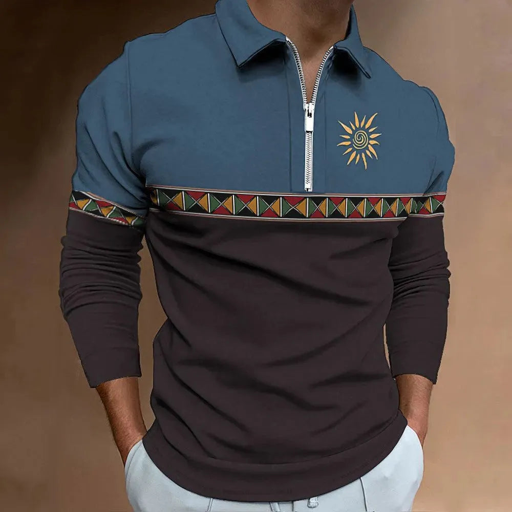 Men's loose long sleeve t-shirt with retro colour stripes and a decorative zipper detail on the front.