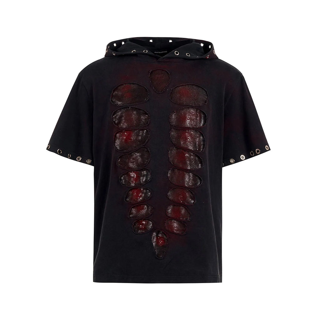 Black mens hooded t-shirt with sequin decoration and short sleeves