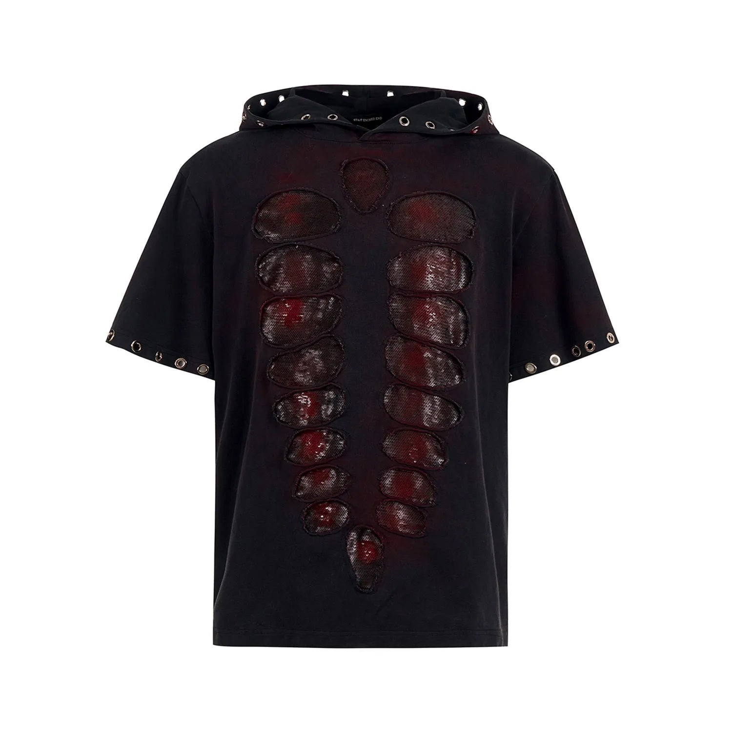Black mens hooded t-shirt with sequin decoration and short sleeves