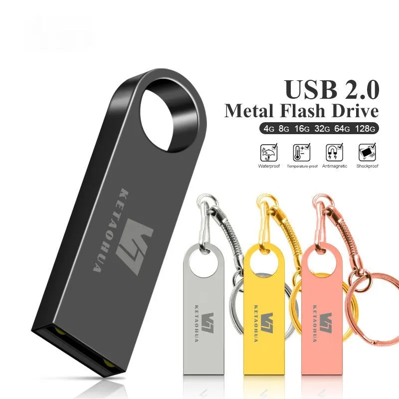 Metal car-shaped USB flash drive in silver, gold, rose gold, or black, showing compact size and USB connector.