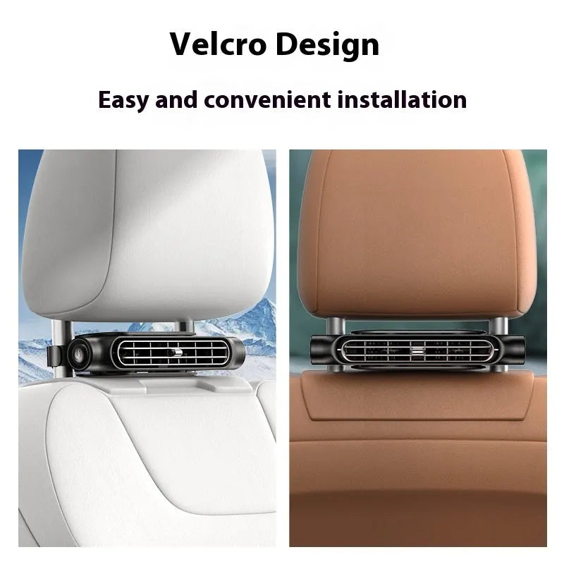 USB car fan with seat mounting, brushless motor, and three-speed control in black, white, or beige