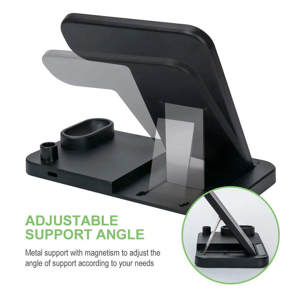 Folding 4-in-1 wireless charger showing MagSafe pad for iPhone and Apple Pencil charger in Space Grey colour.