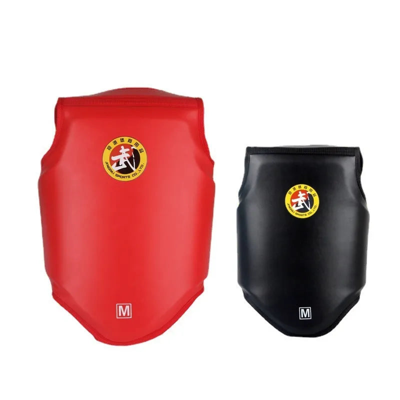 One-piece boxing chest protector in red, blue, or black, made from PU leather.