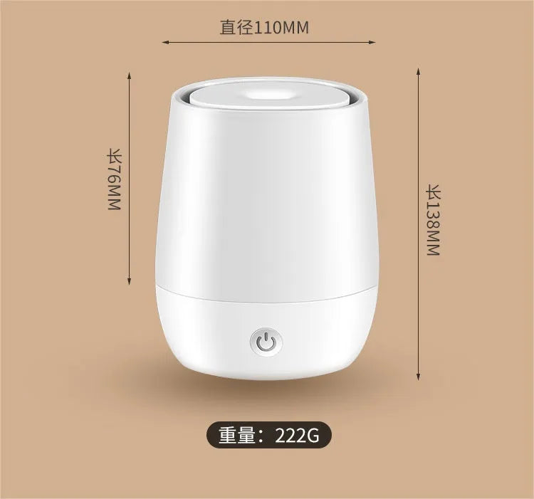 White USB aromatherapy diffuser with simulation flame effect showing dimensions and Type-C connection