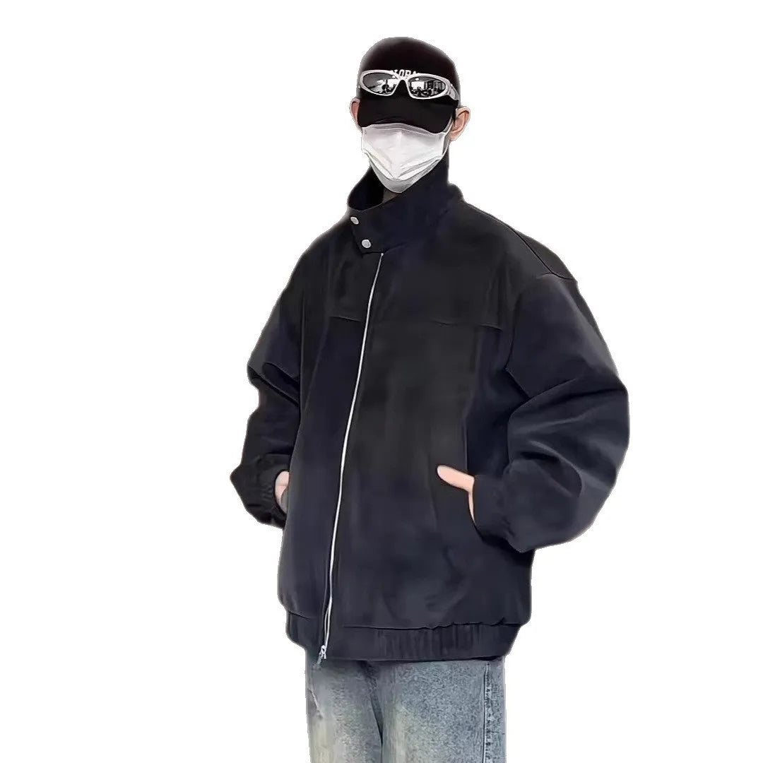 Men's tie-dye PU leather stand collar jacket with side pockets in loose Hong Kong style