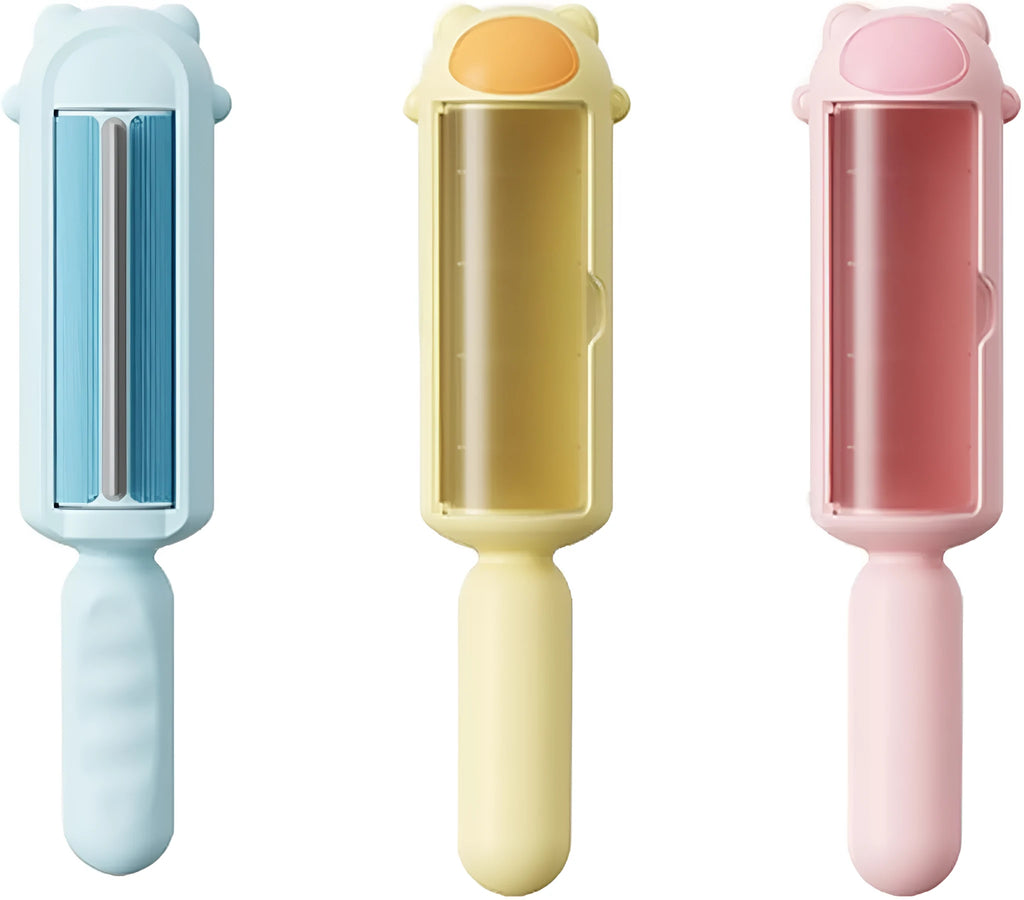 Blue reusable pet hair remover tool with a roller and self-cleaning base.