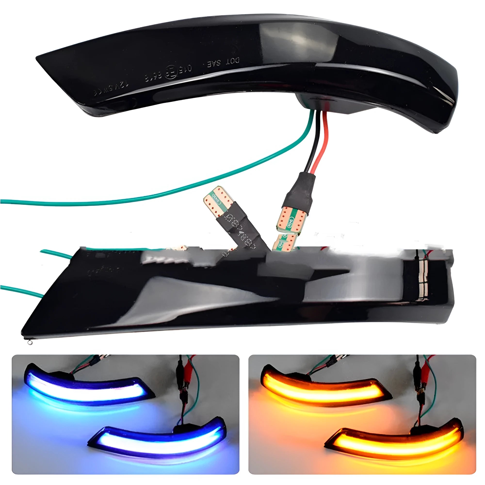 Pair of blue and yellow LED waterfall lights for Ford Focus and Mondeo rearview mirrors.
