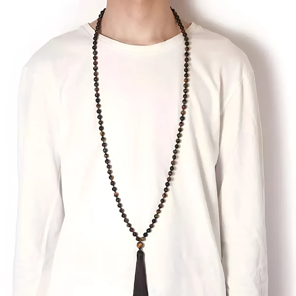 Genuine agate amethyst blue pattern tassel necklace with geometric design and adjustable 95-100cm length