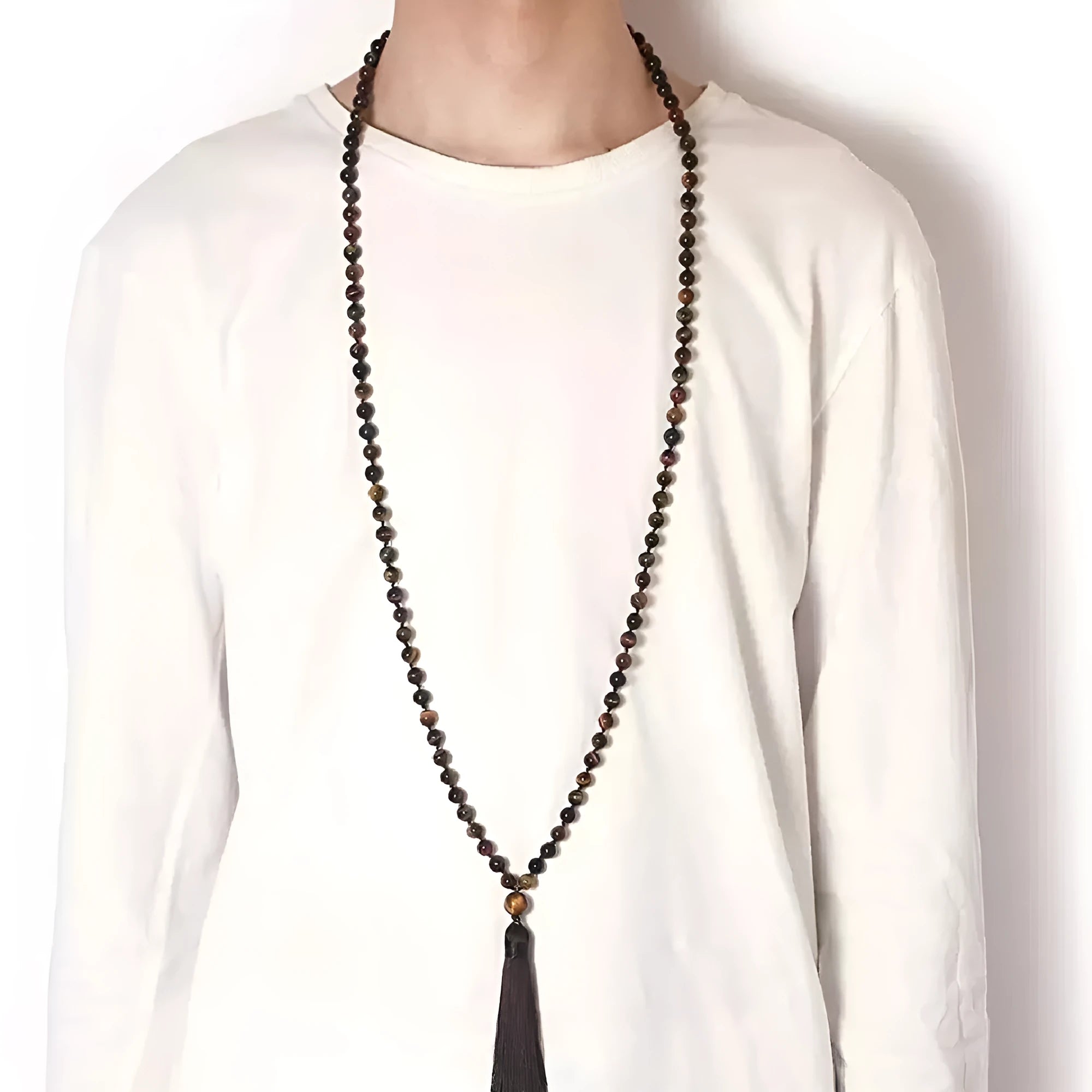 Genuine agate amethyst blue pattern tassel necklace with geometric design and adjustable 95-100cm length