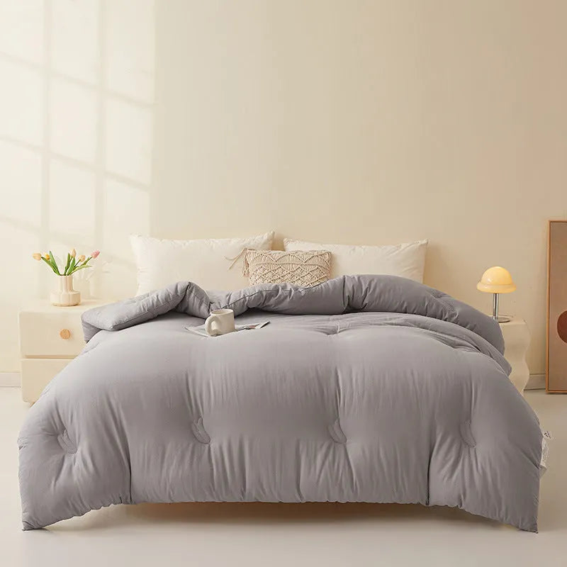 Soybean fibre quilt with pure cotton fabric in grey, pink jade, or white, shown in various sizes.