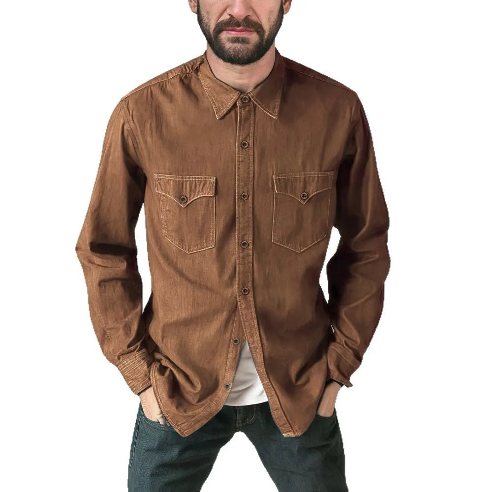 Men's regular fit denim cardigan coat in cotton, shown in khaki colour with button front.