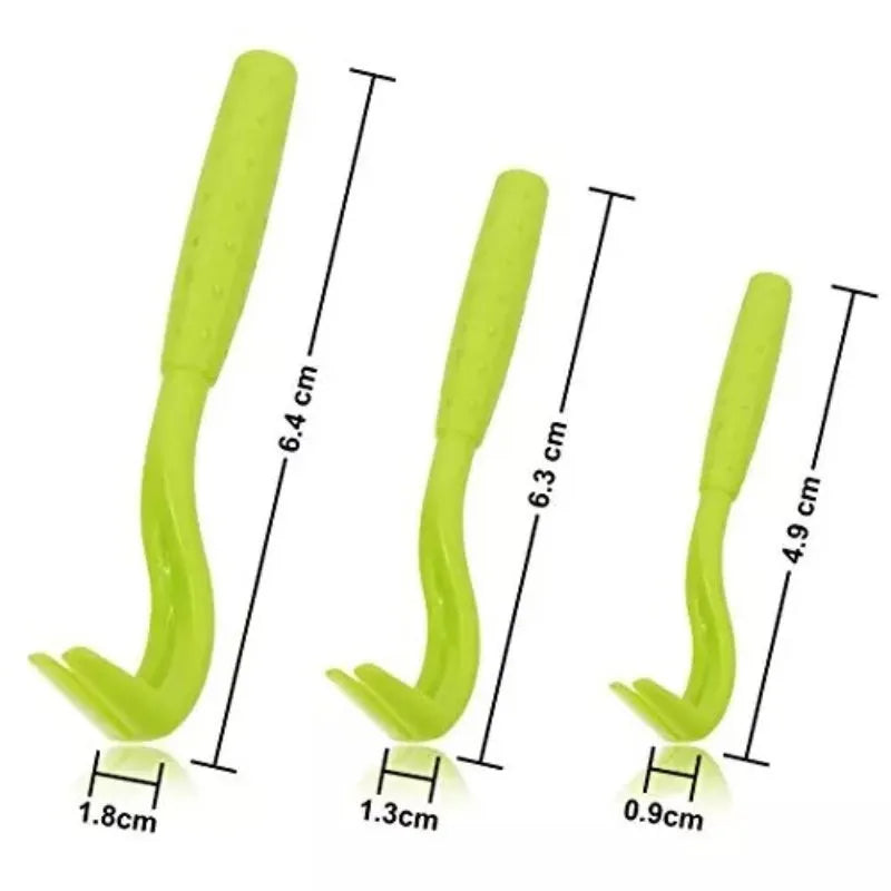 Three plastic tick removal clips for pets in blue and green on a white background.