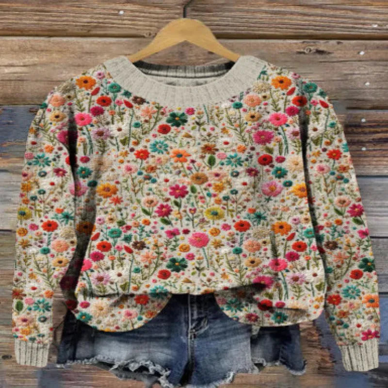 Women's little flower digital printed round neck sweater with floral pattern in polyester knit fabric
