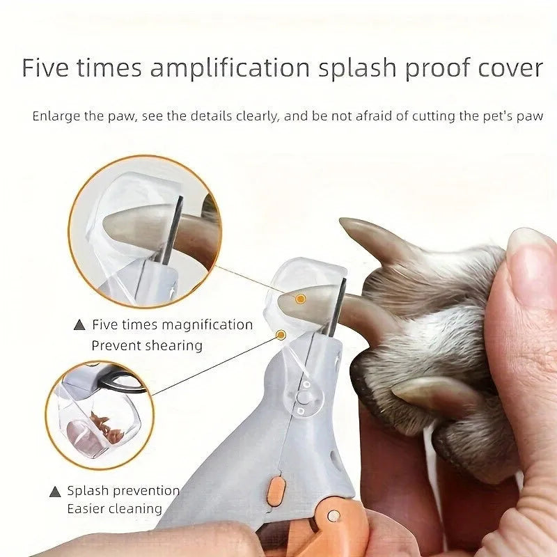 Yellow LED pet nail trimmer with magnifying glass and built-in nail catcher for cats and dogs