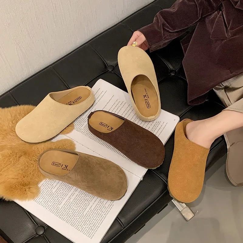 Korean style square toe outdoor slippers in apricot colour with microfiber upper and PU sole