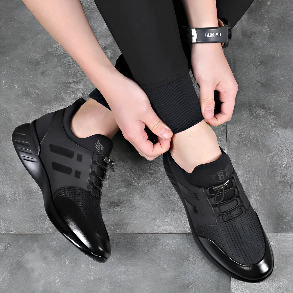 Men's black casual sneakers with a hidden height increase heel, shown in leather, mesh, and Lycra styles.