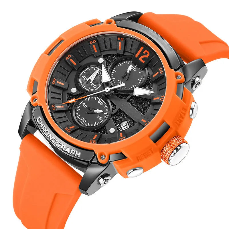 Men's large face black quartz watch with luminous hands and calendar display on a 24mm wide band.