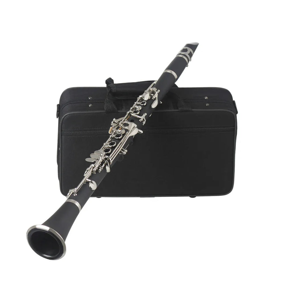 Black bakelite clarinet with nickel plated 17 key mechanism and carry bag
