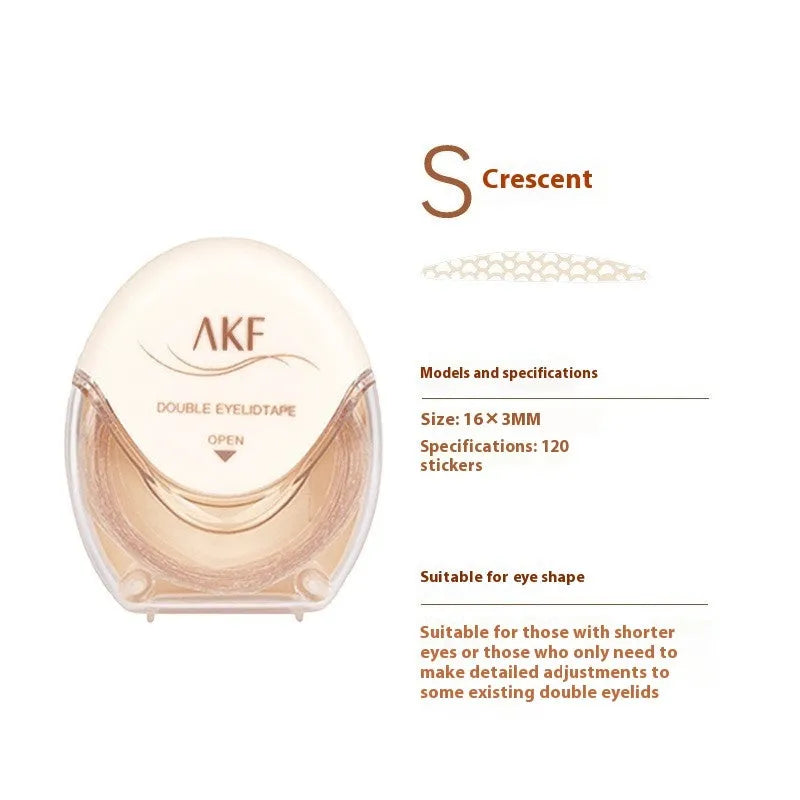 Roll of 120 invisible lace double eyelid stickers in crescent or olive shapes.