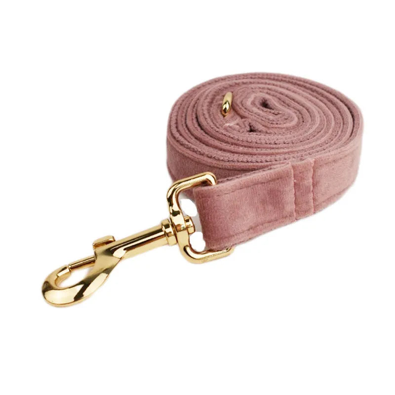Light purple pink velvet dog collar set with matching leash and bowknot accessory