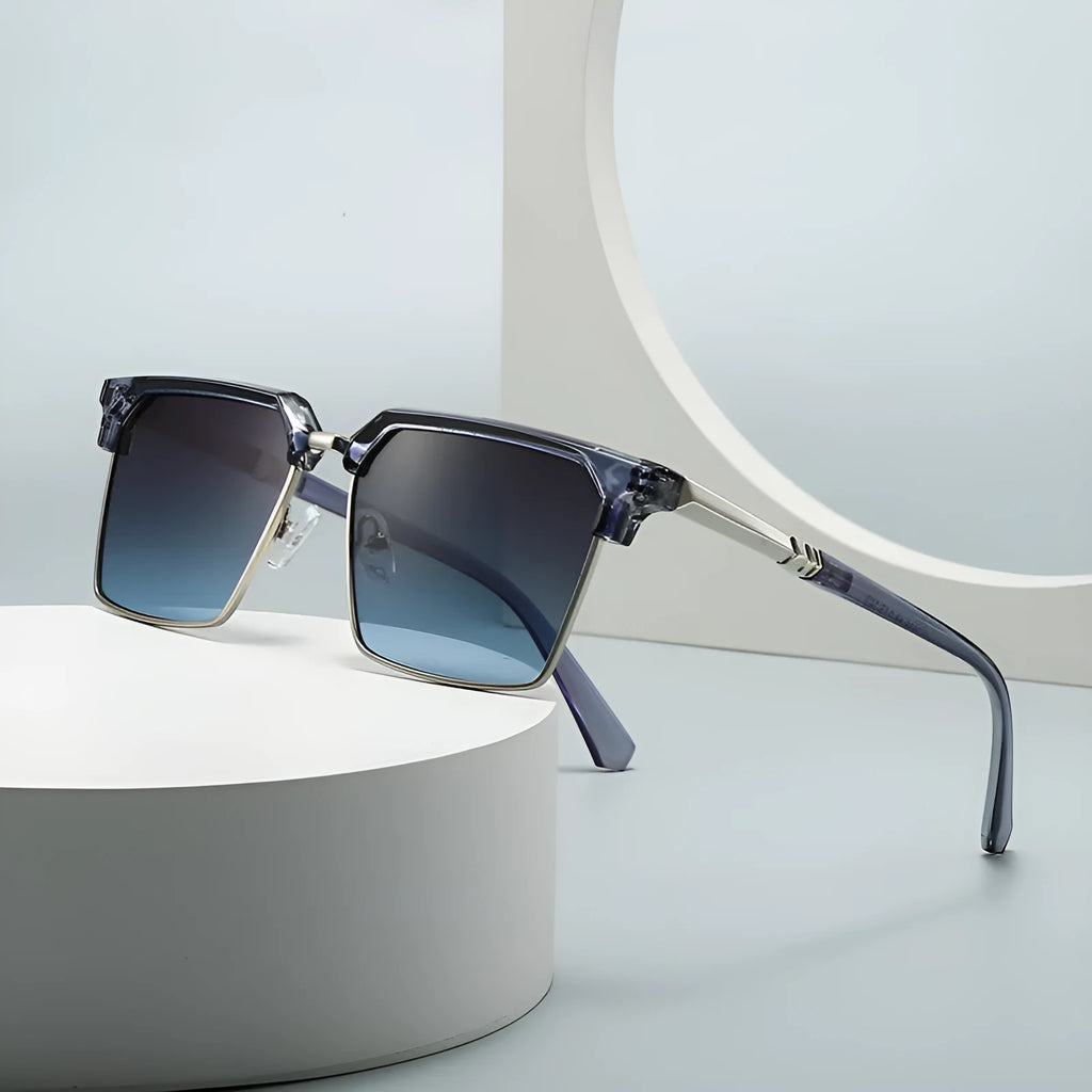 Men's square sunglasses with plastic frame in six colour options on a white background.