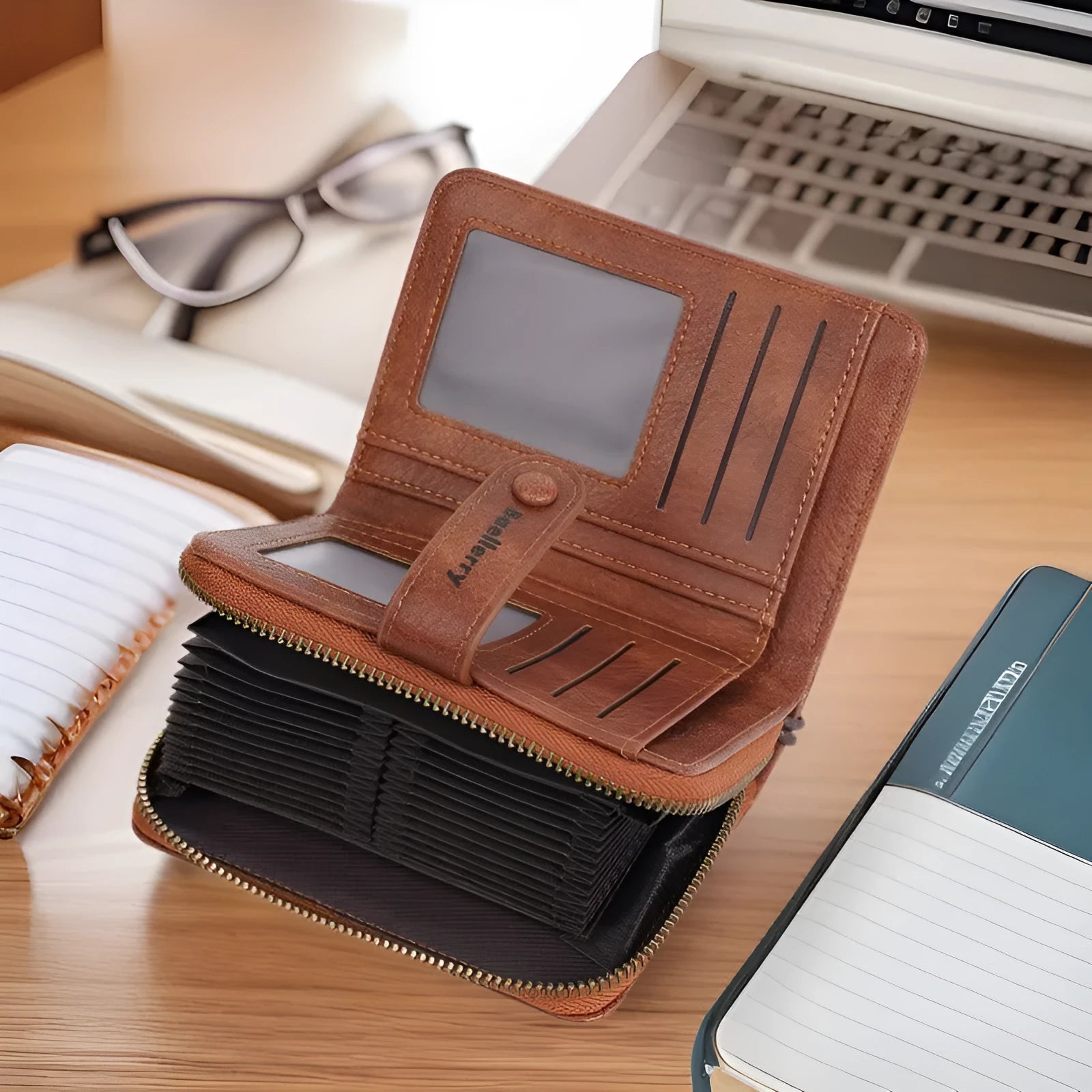 Women's black PU leather zipper coin purse wallet showing card slots and coin compartment.