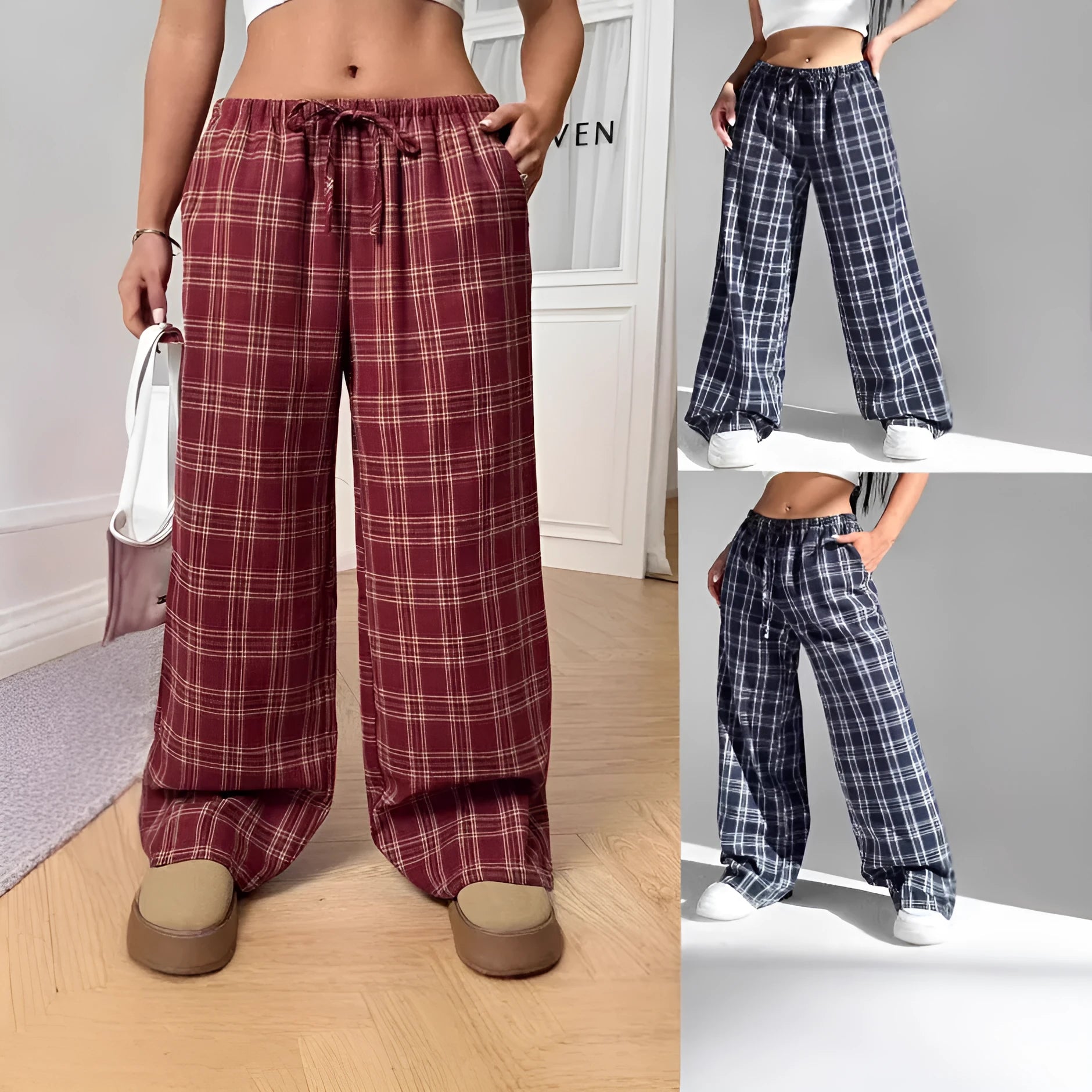 Women's plaid trousers with drawstring waist and front pockets in red colour