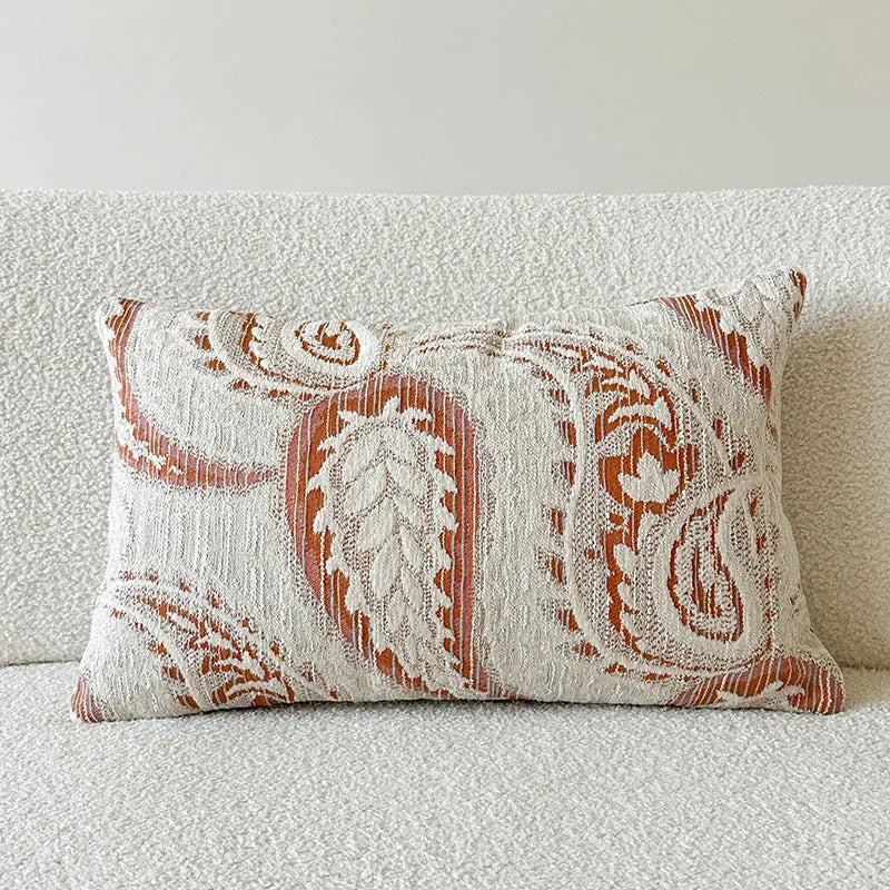 American-style jacquard paisley sofa cushion in amber colour with plant and flower pattern