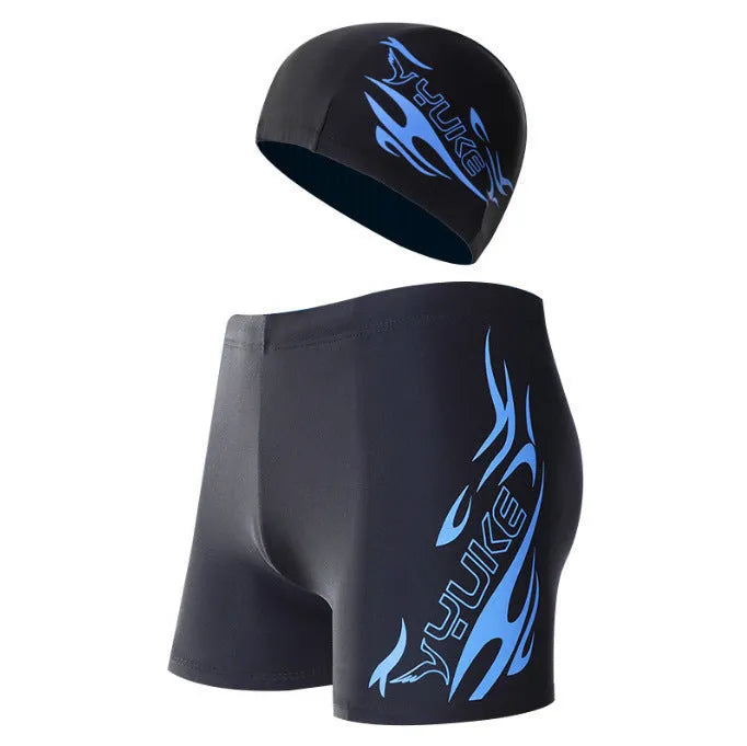 Men's plus size blue flame pattern boxer swimming trunks with inner lining