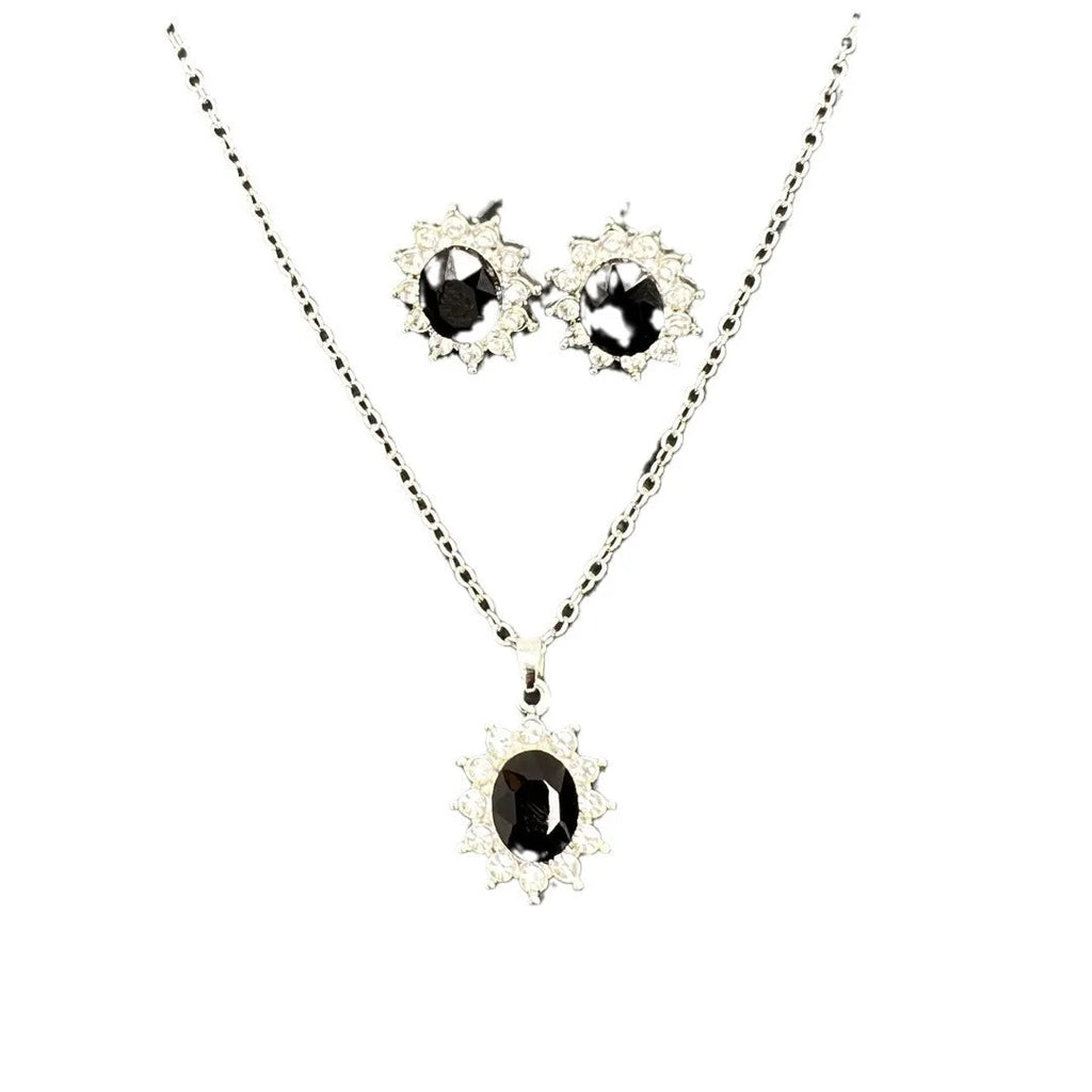 Sunflower zircon necklace and earrings set in alloy with electroplated finish showing six colour options