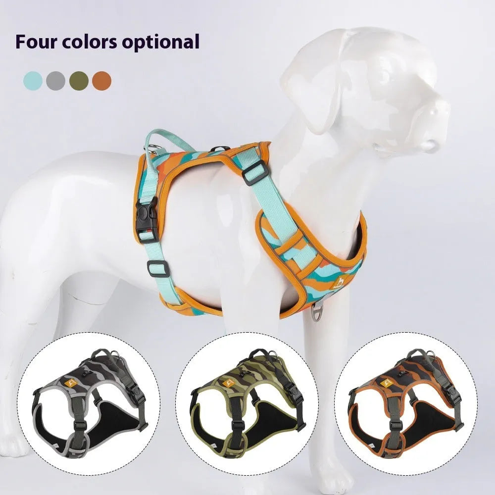Reflective dog walking rope with chest harness in Oxford cloth, showing hand-holding loop and adjustable sizing