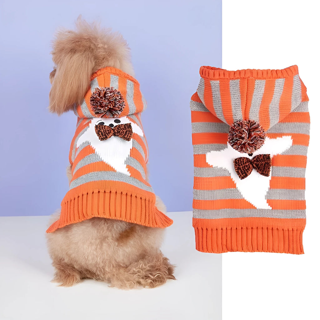 Orange striped Halloween pet sweater with hood and fur ball details for cats and dogs
