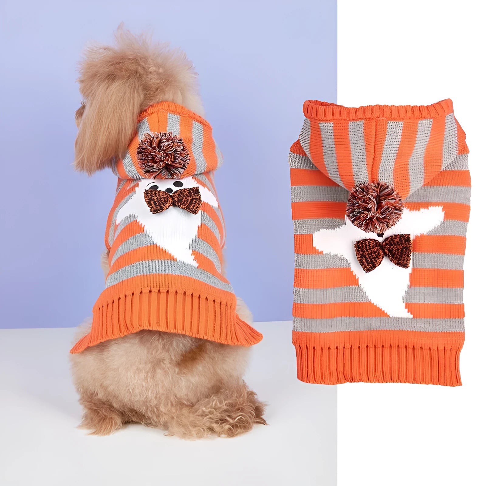 Orange striped Halloween pet sweater with hood and fur ball details for cats and dogs