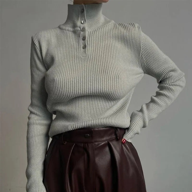 Retro breasted half turtleneck pullover sweater in slim fit with single-breasted placket detail