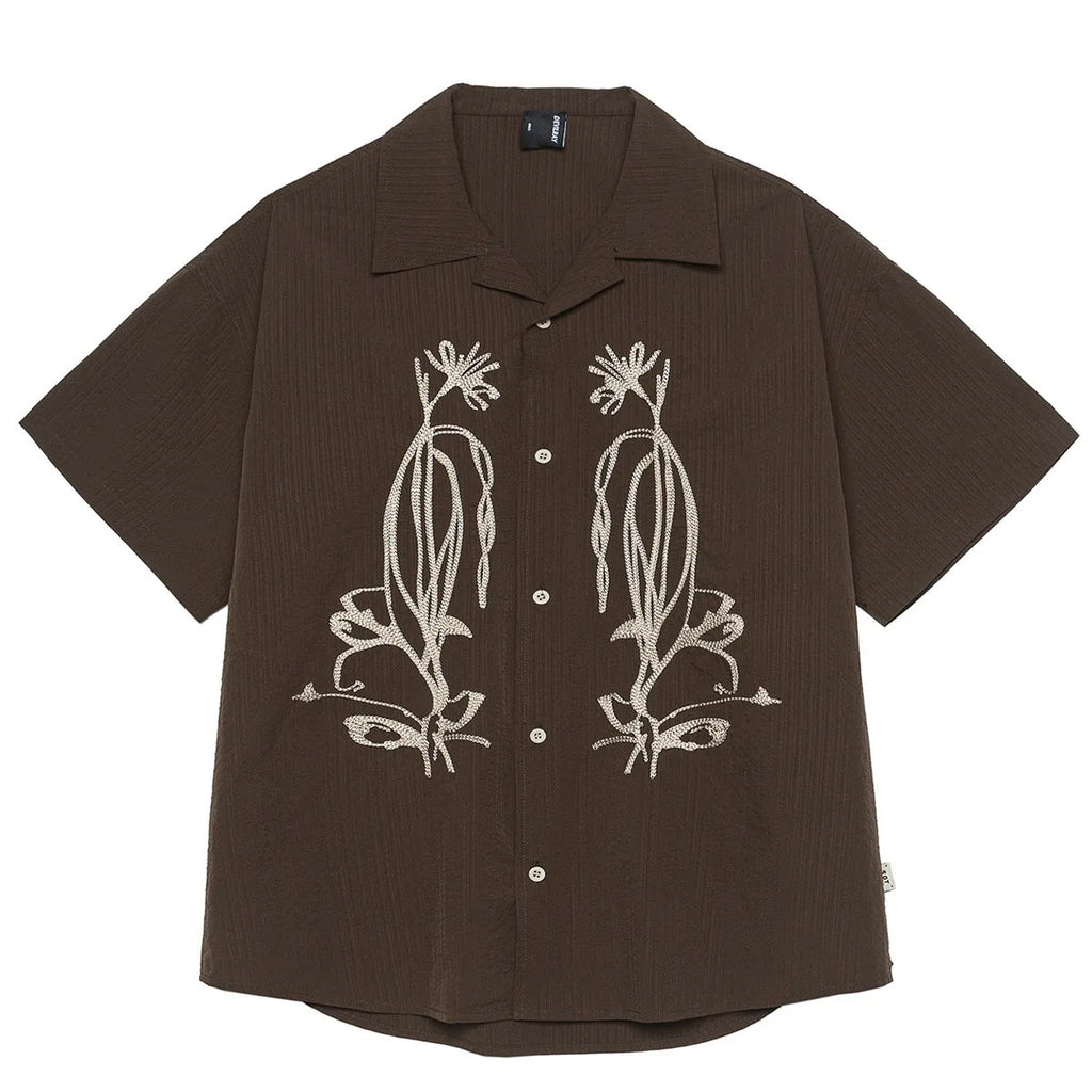 Brown striped outdoor waterproof Cuban collar short sleeve shirt for mountain camping