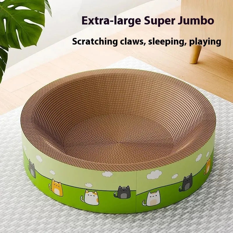 Large round cat scratch board with deepening pit design made from brown corrugated paper